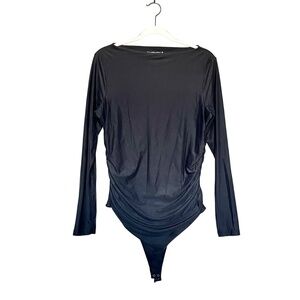 Abercrombie Womens Soft Matte Long-Sleeve Ruched Thong Bodysuit Black Size XL